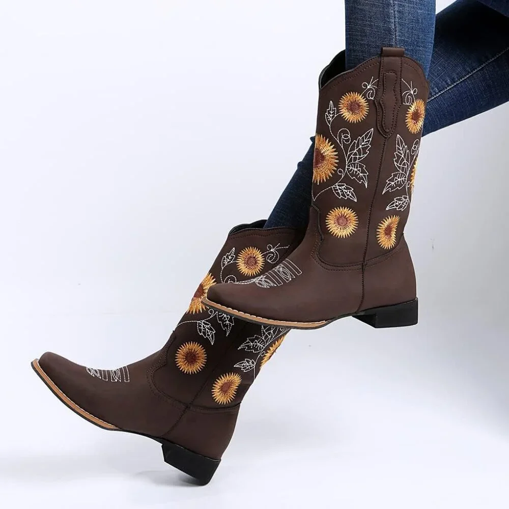 Cowboy Boots for Women Cowgirl Western Boot Sunflower Embroidery Square Toe Heel - Picture 5 of 6